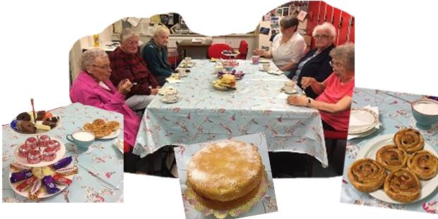 Stock image of 6 elderly people attending a coffee morning, seated around a large table...