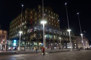 Library of Birmingham with yellow exterior lighting