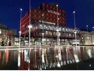 Orange lights on library