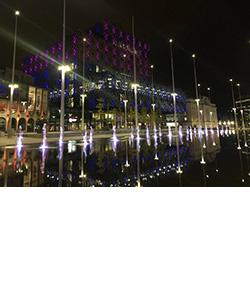 Photo of library lit pink and blue