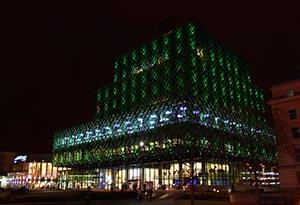 Photograph of library lit up green