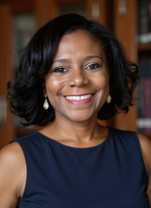 Head and shoulders photograph of Zelpher. Zelpher has dark skin and chin length black hair. She is wearing a sleeveless navy blue dress and   gold earrings. She is facing the camera and is smiling broadly.